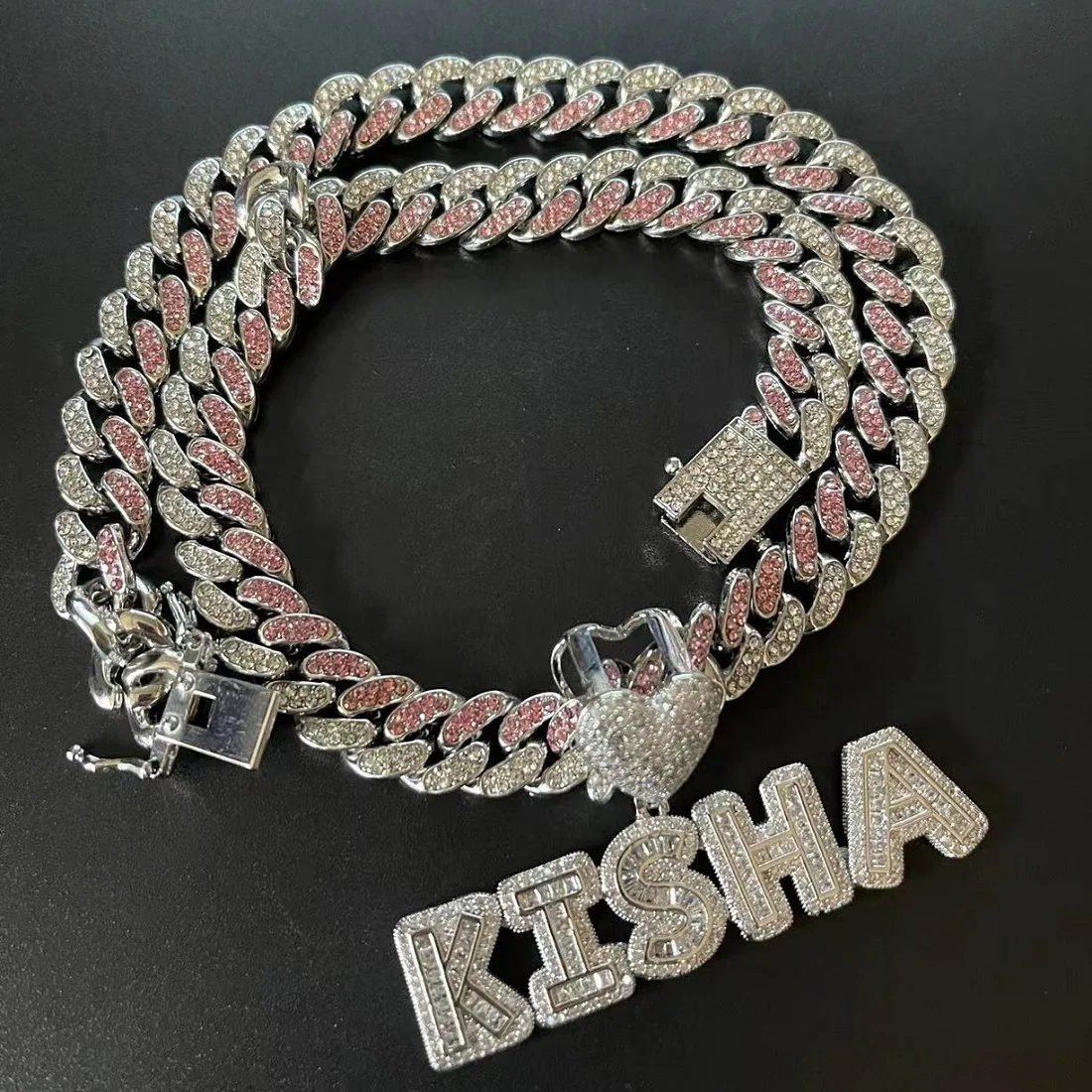 Hip-hop Cuban Link Chain With Name Pendant Two Colors Chain Custom Heart Necklace Icy Letters Bracelet Blingbling Monogram