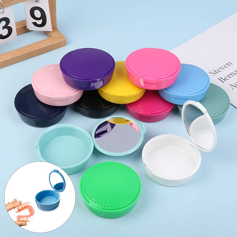 صندوق تخزين طقم الأسنان دائري مع مرآة صندوق نظافة الأسنان لتقويم الأسنان حاوية حماية الفم العناية بأطقم الأسنان