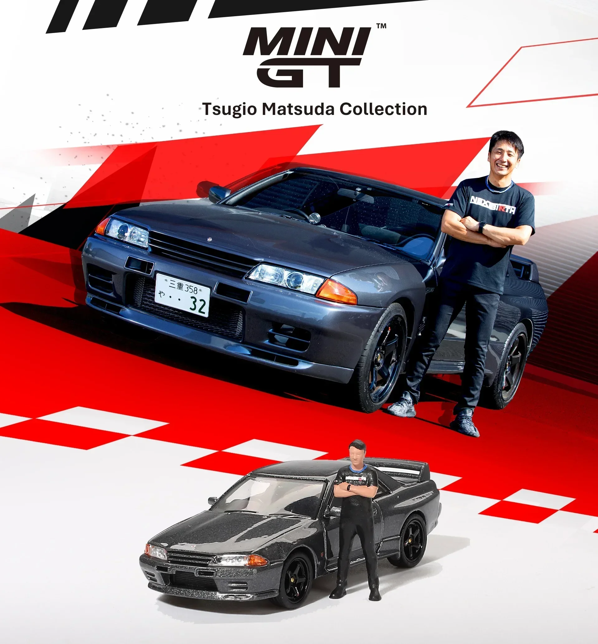 

MINI GT 1:64 Skyline R32 Gunmetal с фигуркой Мацуды, литая под давлением модель автомобиля