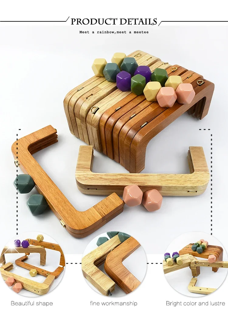 Deepeel 20cm Solid Wood Square Bag Handles Wooden Beads Kiss Clasp Locks Handbag Purse Frames Handle DIY Crafts Accessories