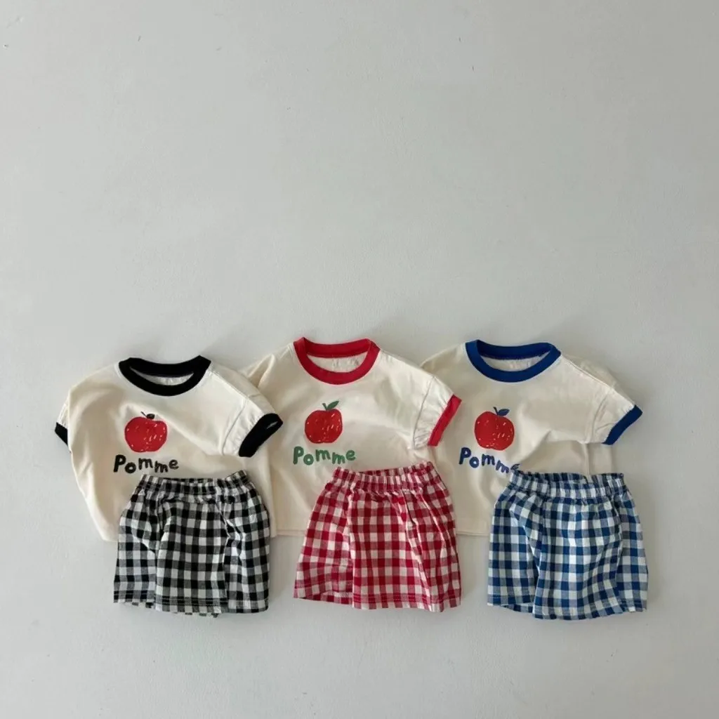 2025 Summer New Baby Girl Short Sleeve Clothes Set Infant Boy Apple Print Tops + Plaid Shorts 2pcs Suit Toddler Casual Outfits