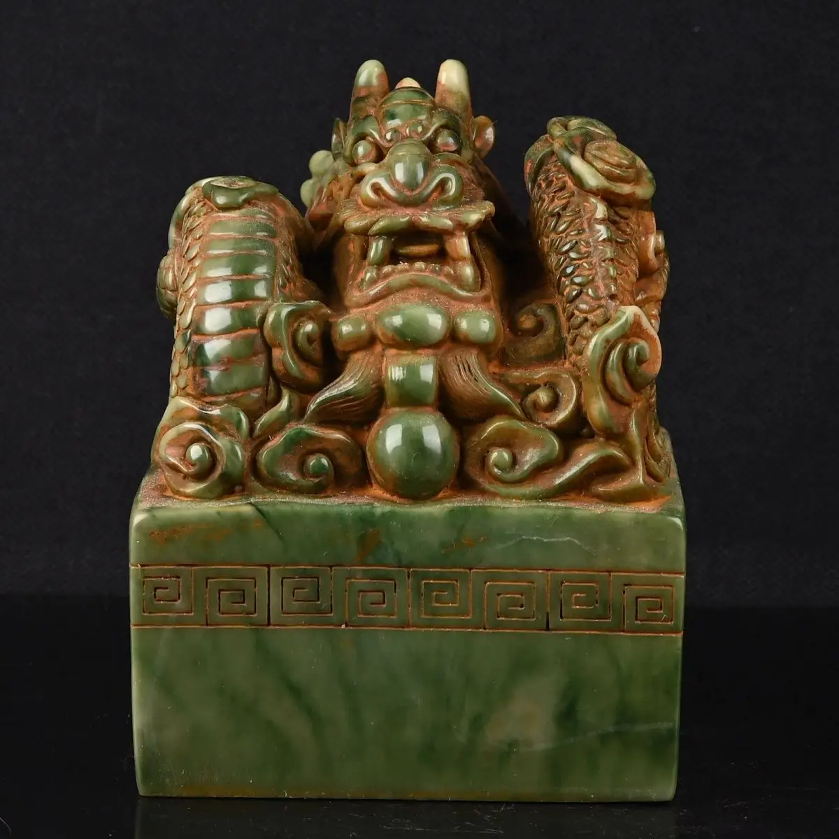Antique Chinese Green Jade Imperial Seal, Carved Dragon Playing Pearl, Cloud & Spiral Pattern Square Seal