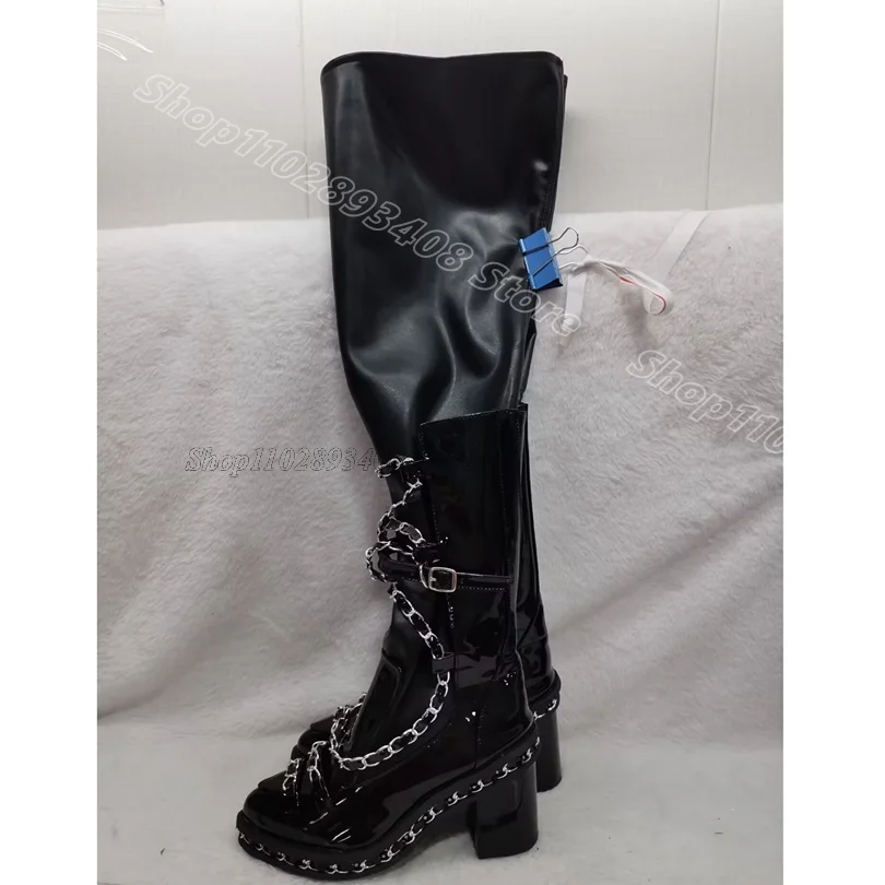 

Black Matte Leather Chain Decor Boots Solid British Style New Stylish Design for Women Over Knee Boots 2025 Zapatos Para Mujere