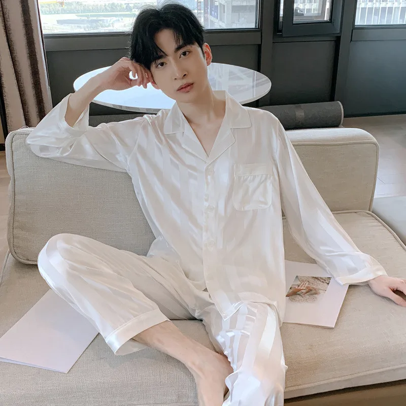 

Autumn Sleepwear Long Sleeve Shirt Trouser Pijamas Suit Silky Satin Men Pajamas Home Clothing Loose Casual Lounge Wear