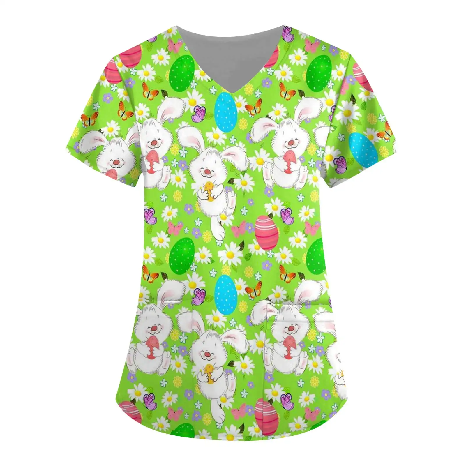 

Surgical Uniforms Woman Cute Rabbit Cartoon Print Pet Scrub Fashion V-Neck Short Sleeve Patch Pocket Medical Uniform for Women