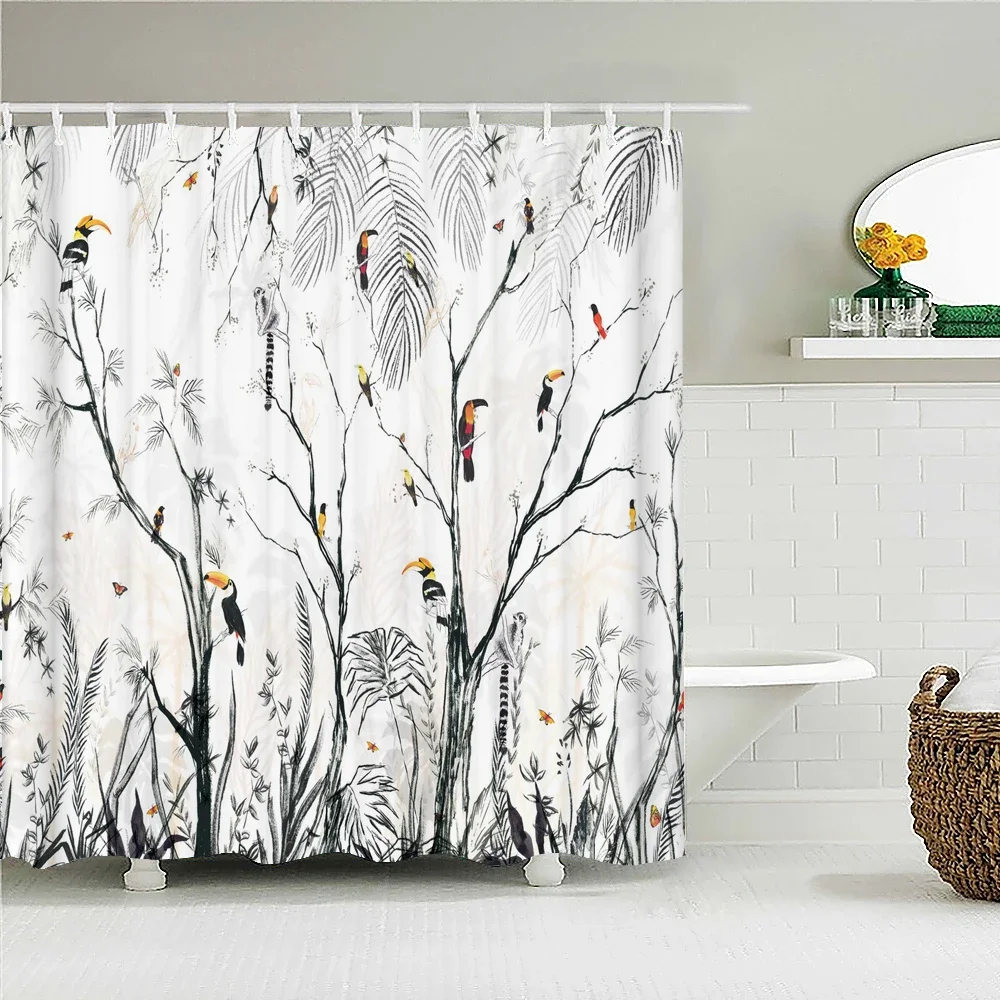 

Waterproof Shower Curtain Colorful Flowers Birds Leaves Pattern Frabic Bathroom Curtains with 12 Hooks Bathtub Decoration