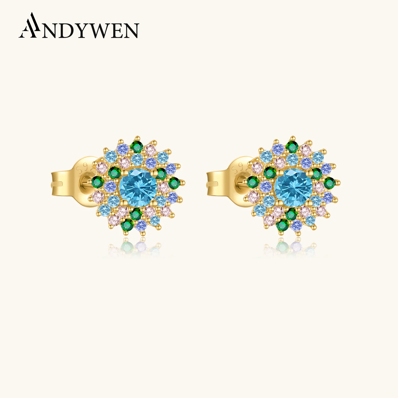 

ANDYWEN 925 Sterling Silver Romantic Firework Design Stud Earrings with Colorful Zircon CZ Jewelry for Parties and Vacations