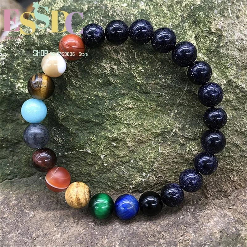 Hot Sale 8mm Natural Blue Sand Stone Green Tiger Eye Amazonite Beads  Universe Series Energy Bracelet Wholesale and Drop