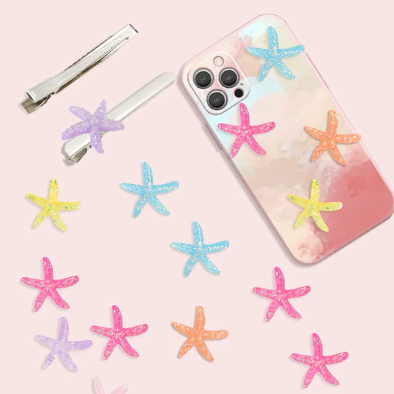 10 Pcs Cute DIY Resin Adorable Glitter Colorful Starfish Shell Wedding Decor Crafts Making Scrapbooking Hair Phone Case Decor