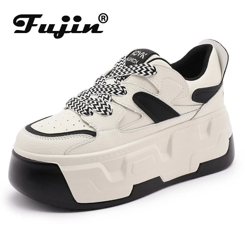 Fujin 8.5cm Cow Genuine Leather Women Autumn Spring Platform Wedge Chunky Sneakers Fashion Hidden Heels Ladies Thick Soled Shoes