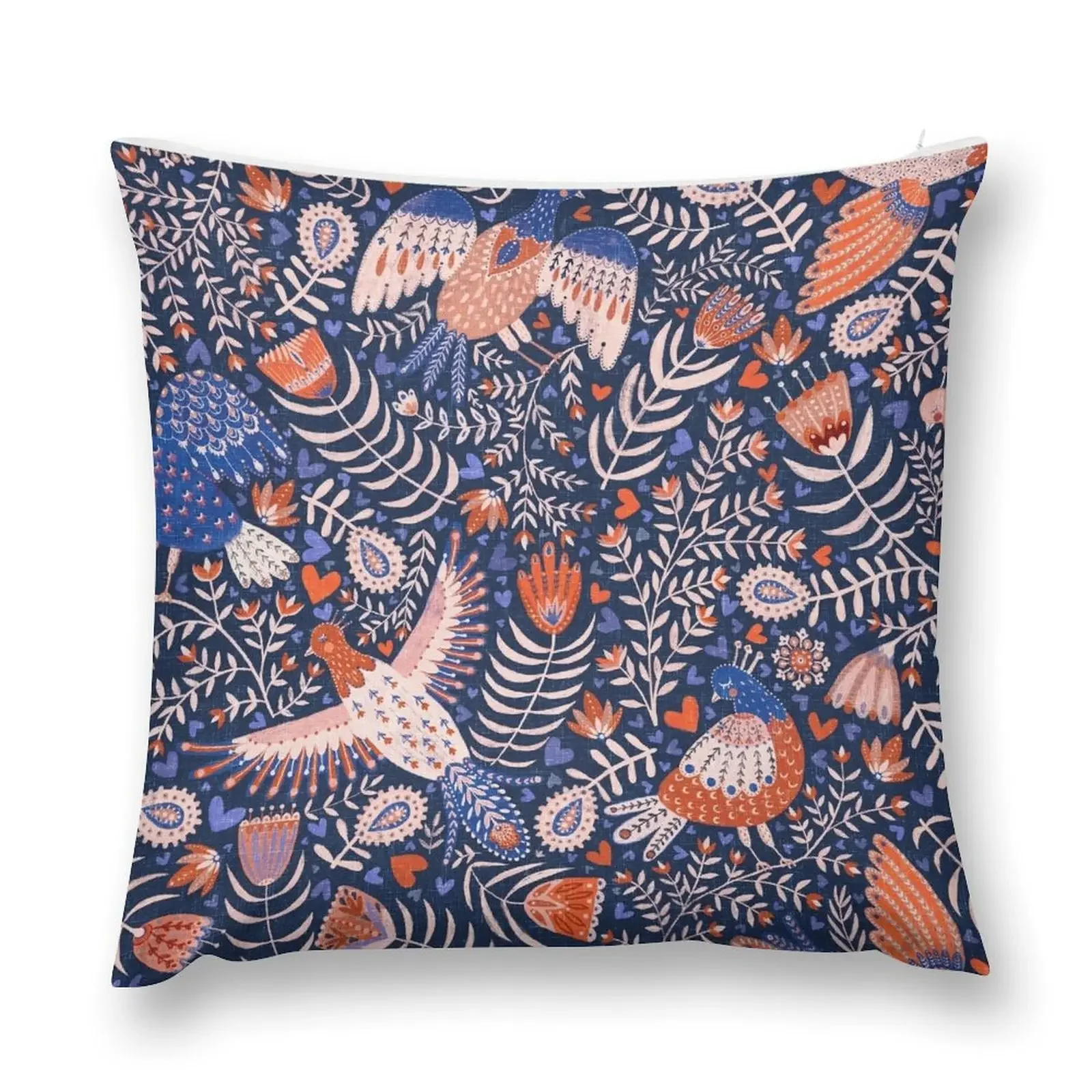 Swedish folk art birds on dark blue Throw Pillow Cushions Sofa Cushions Covers pillow