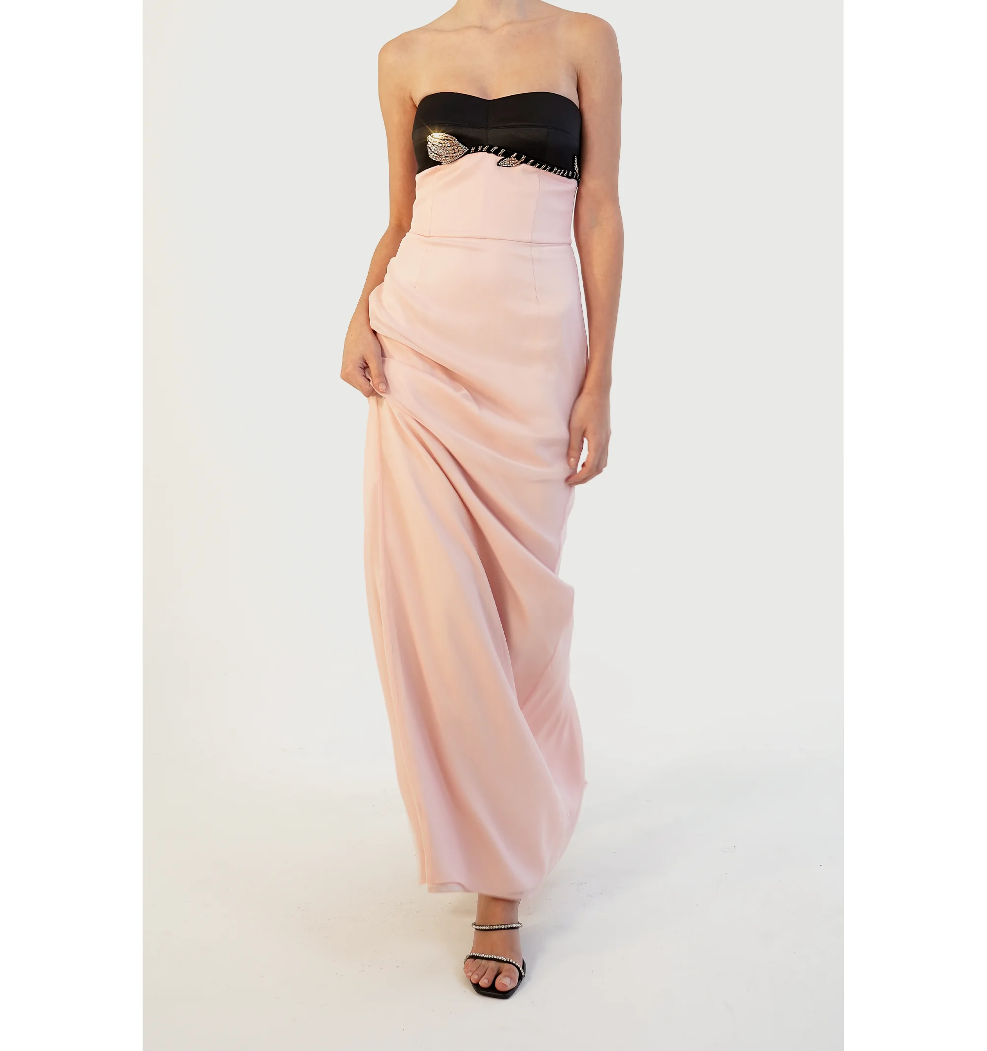 

Welove Customized Black Satin Pink Chiffon Floral Crystal Evening Dress Strapless Sweet Prom Dress Birthday Formal Party Dress