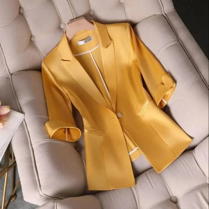 2024 New Spring Summer Women\'s Blazer Korean One Button Short Casual Three-Quarter Sleeve Office Suit Jacket Women Blazers Tops