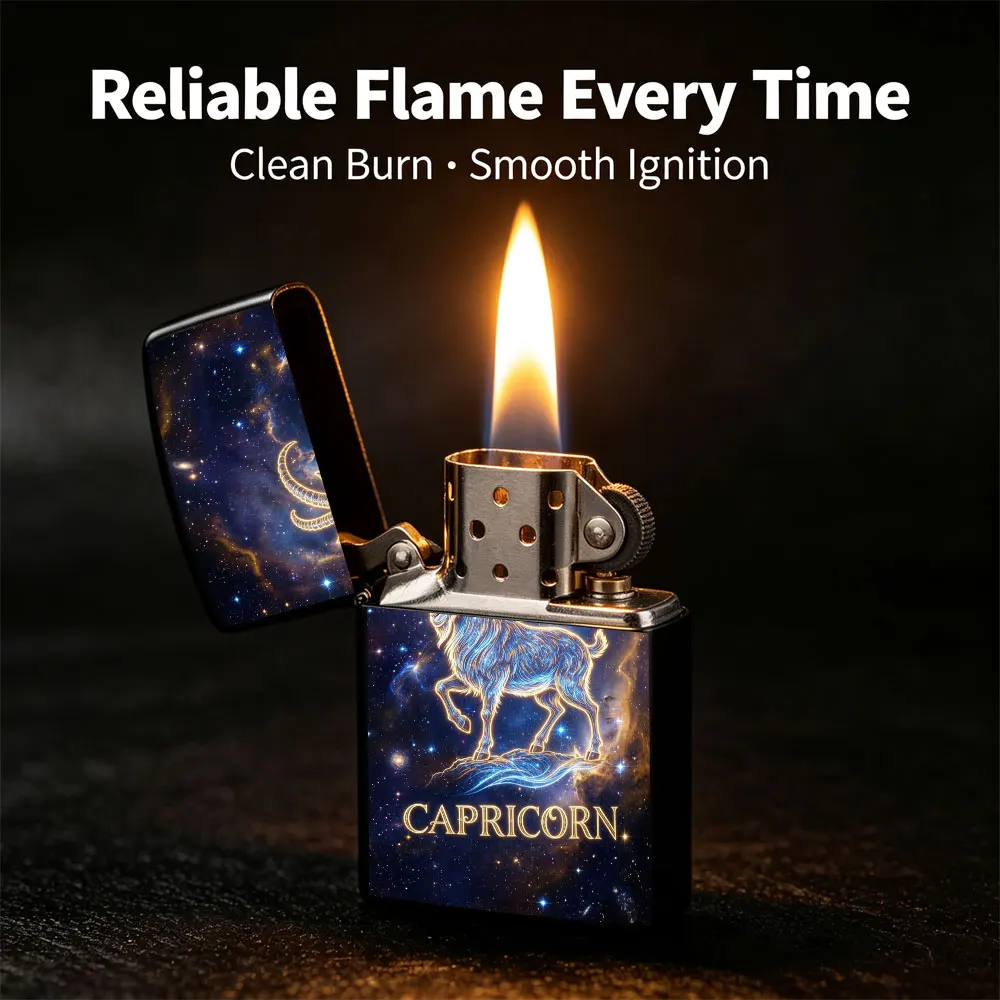 Pocket Lighter, Capricorn Zodiac Sign Print, Blue Starry Sky Background, Flip-Top Windproof Design, Metal Case, Comfortable Grip, Adjustable Flame, Portable & Durable