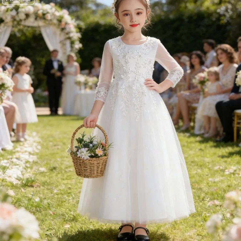 Elegant Dress For Girls White Flower Princess Party Gown Wedding Bridesmaid Formal Evening 10 12 Vestidos First Communion Gown - view 3