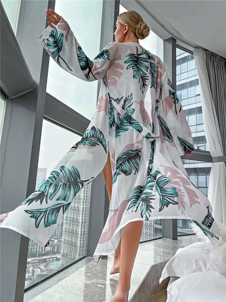 Summer Lace Kimono Bathrobe with Dress for Women, Hawaiian Print Bridal Robe Nightdress Open Side Long Night Gown