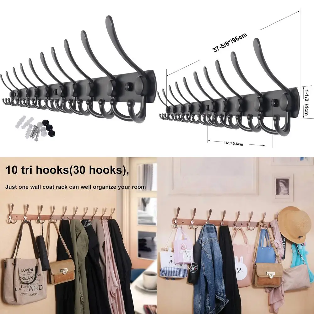 

Настенная вешалка для одежды длиной 37,625 дюйма с 10 крючками для подвешивания одежды, головных уборов и многого другого, черная