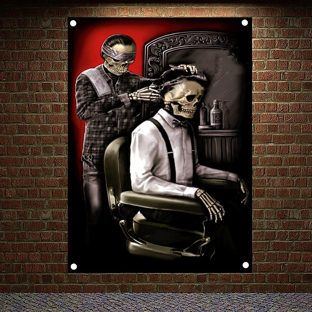 Skeleton Barber Death Art Banner Wall Painting Chicano Tattoo Art Poster Hanging Flag Wall Sticker Barber Shop Decor Tapestry