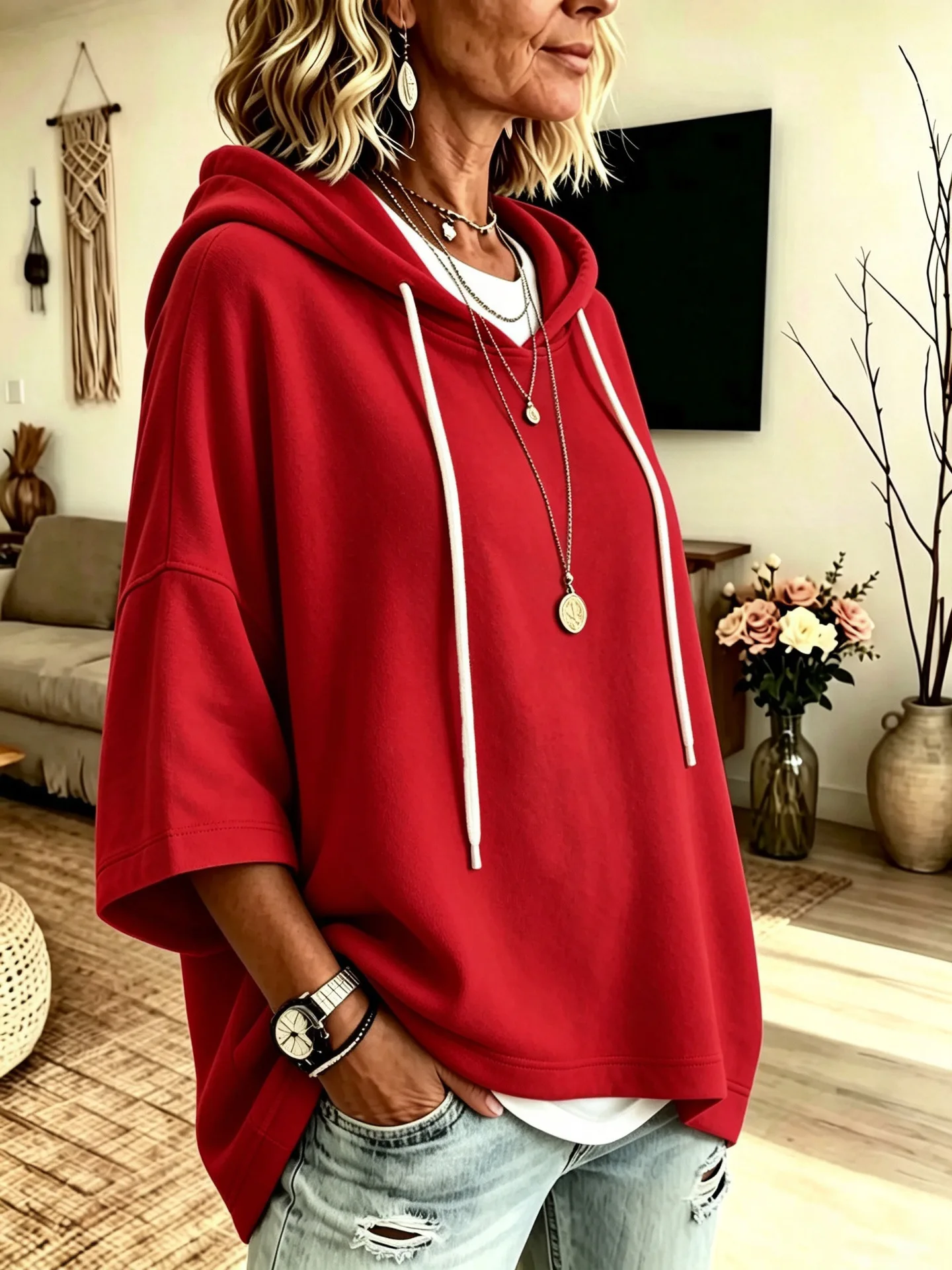 Einfarbiger Damen-Hoodie mit 3/4-Ärmeln, Lässiger Lockerer Pullover für Herbst und Winter – Detail 9
