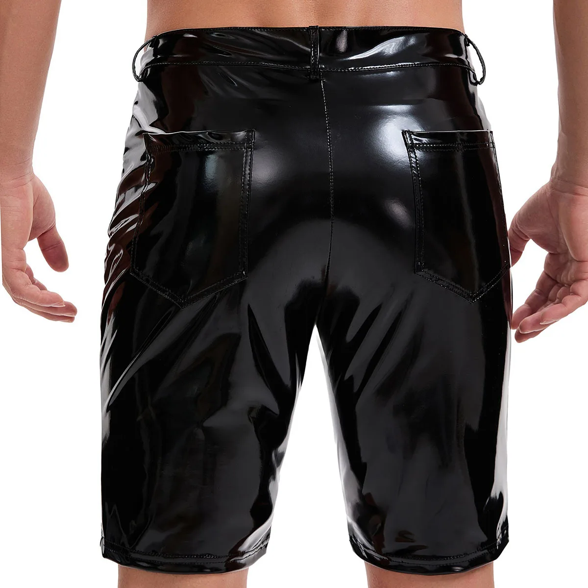 Plus Size 5XLSummer Soft Stretchy Thin Lightweight Shiny PVC Black Faux Leather Shorts for Men Y2K Streetwear with Pocket