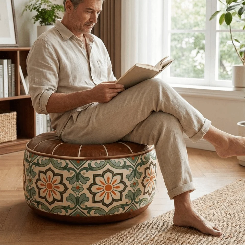 Tatami Style Boho Style Sofa Stool Cover Unstuffed PU Leather Storage Ottoman Waterproof Large Capacity Pouf Cover Living Room