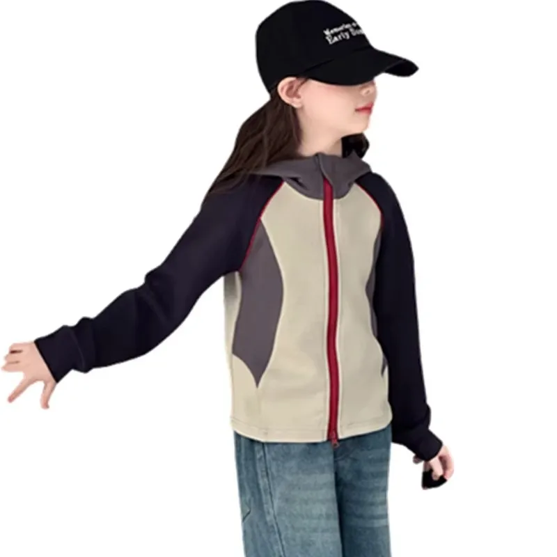 

2025 Spring Slim Fit Kids Hooded Jacket Coat For Baby Girls England Style Fashion Girls Cotton Patchwork Outerwear With Hoodies