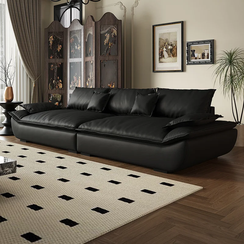 Leather Sofa Modern Simple Living Room Small Apartment Italian Minimalist First Layer Cowhide Retro Wind Sailboat Big Seat Deep