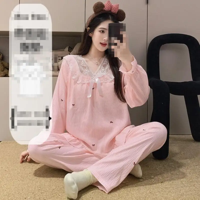 Women's Lace V-Neck Pullover Long Sleeved Long Pant Home Suit Set for Girls In Spring Autumn New Pajamas for Women Two-Piece Set