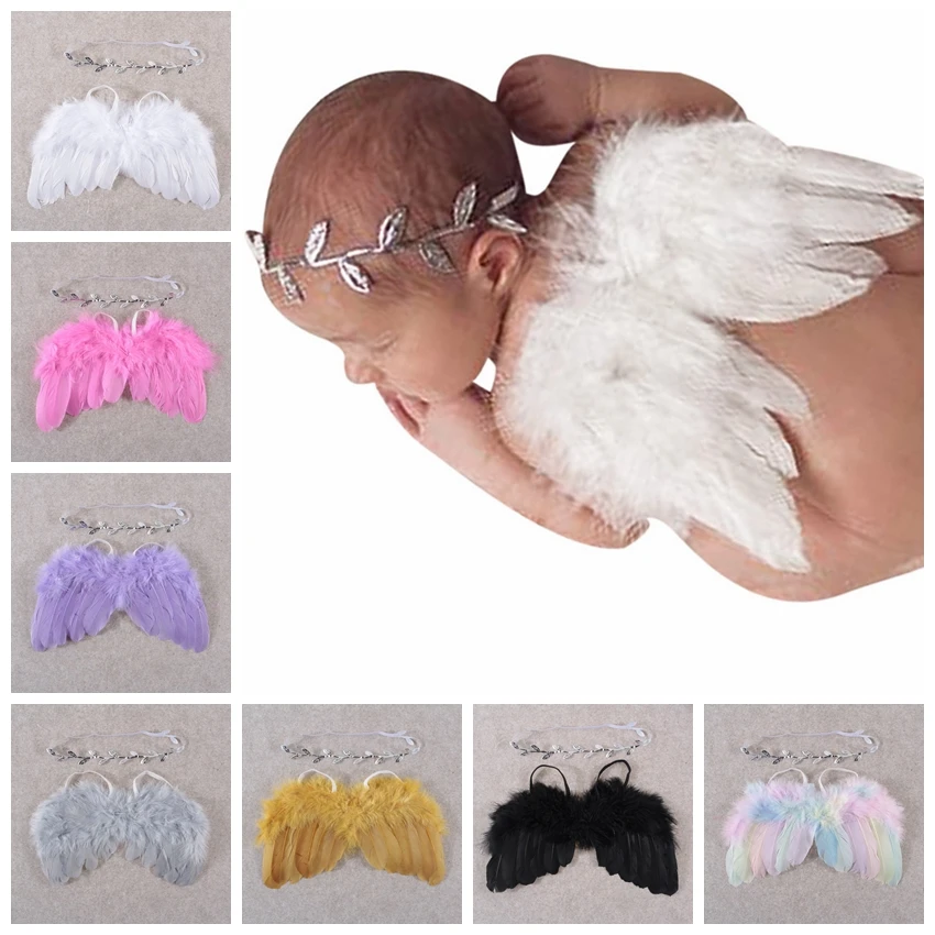 Cute Feather Angel Wing with Leaf Headband Set Newborn Toddler Infant Baby Boy Girls Kids Photo Props Souvenir Gifts