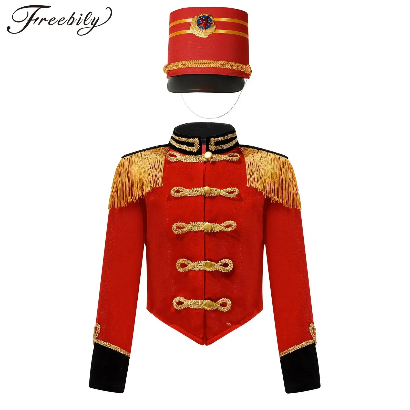 Kids Girls Marching Band Costume Drummer Conductor Royal Guard Costume Military Parade Uniform Long Sleeve Tassel Jacket Coat