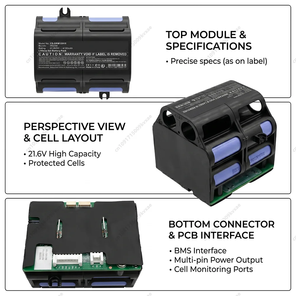 

W2206 Replacement Vacuum Cleaner Battery Pack for Dreame M12 M13 H12S H20Pro Plus Mix Ultra 21.6V 6800mAh Li-ion Cell