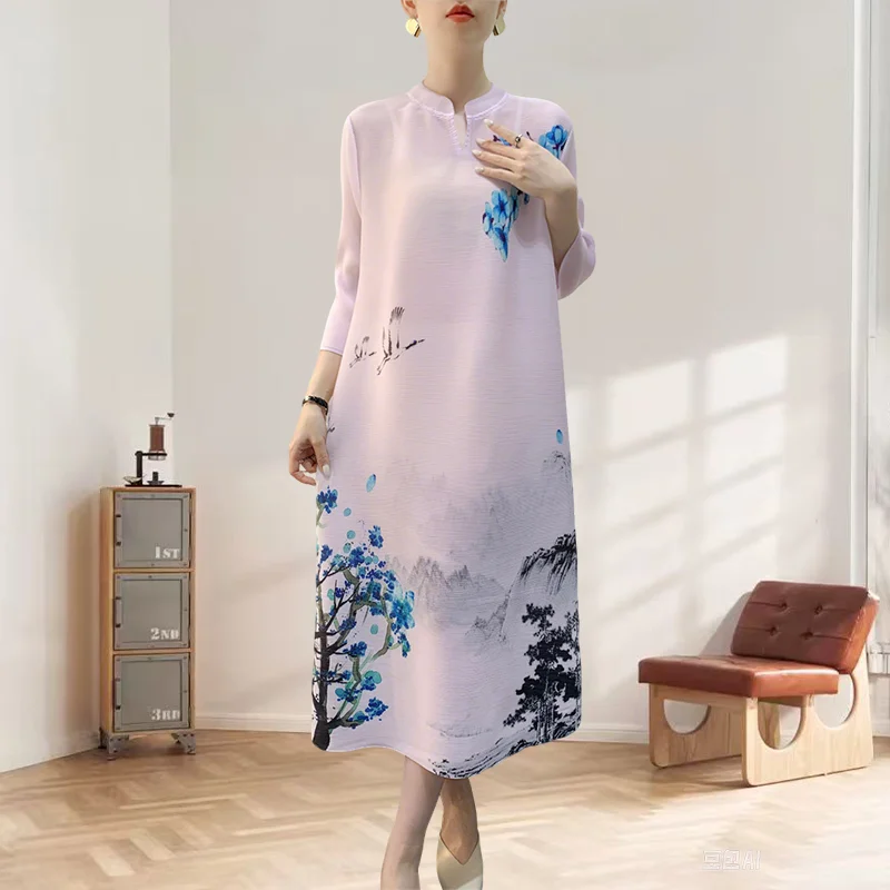

Miyake Pleated Dress 2025 Spring Summer New Fold Dress Women's Medium and Long Printed Pleated Skirt Retro Pleat Skirt Clothing