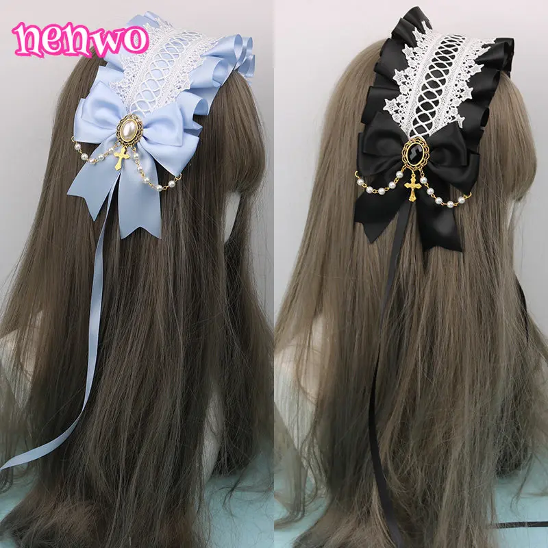 

Handmade Lolita Gothic Hairband Bowknot Cross Pearl Lace Decor Dark Sweet Cute Hair Accessory for Lolita Daily Party Ensembles