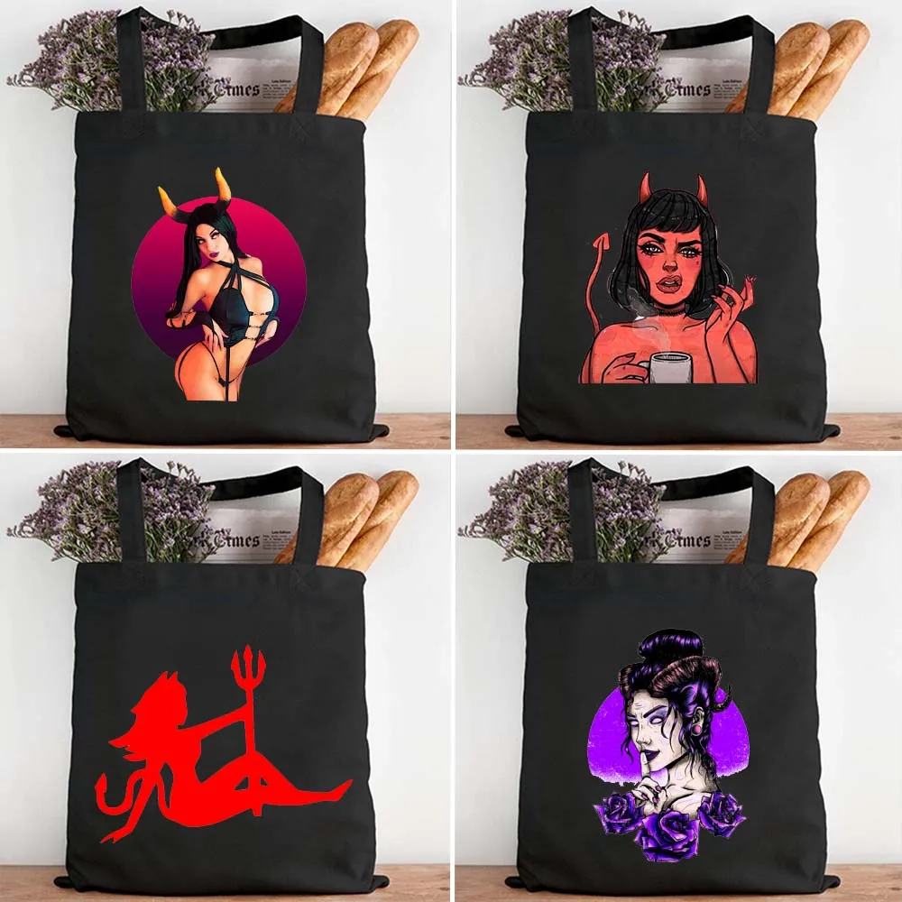 Sexy Devil Woman Girl Female Dark Art Angel Wings Women's Canvas Shopper Cotton Totes Beach Bag Shopping Luxury Shoulder Handbag