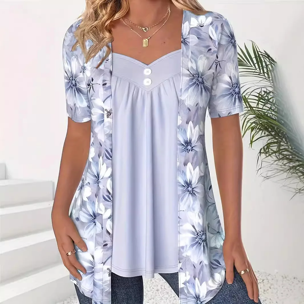 Duże rozmiary Damskie koszulki Letnia moda Casual Fałszywe dwuczęściowe koszulki z krótkim rękawem Luźny kwiatowy nadruk Patchworkowe koszulki Plus Size Tops