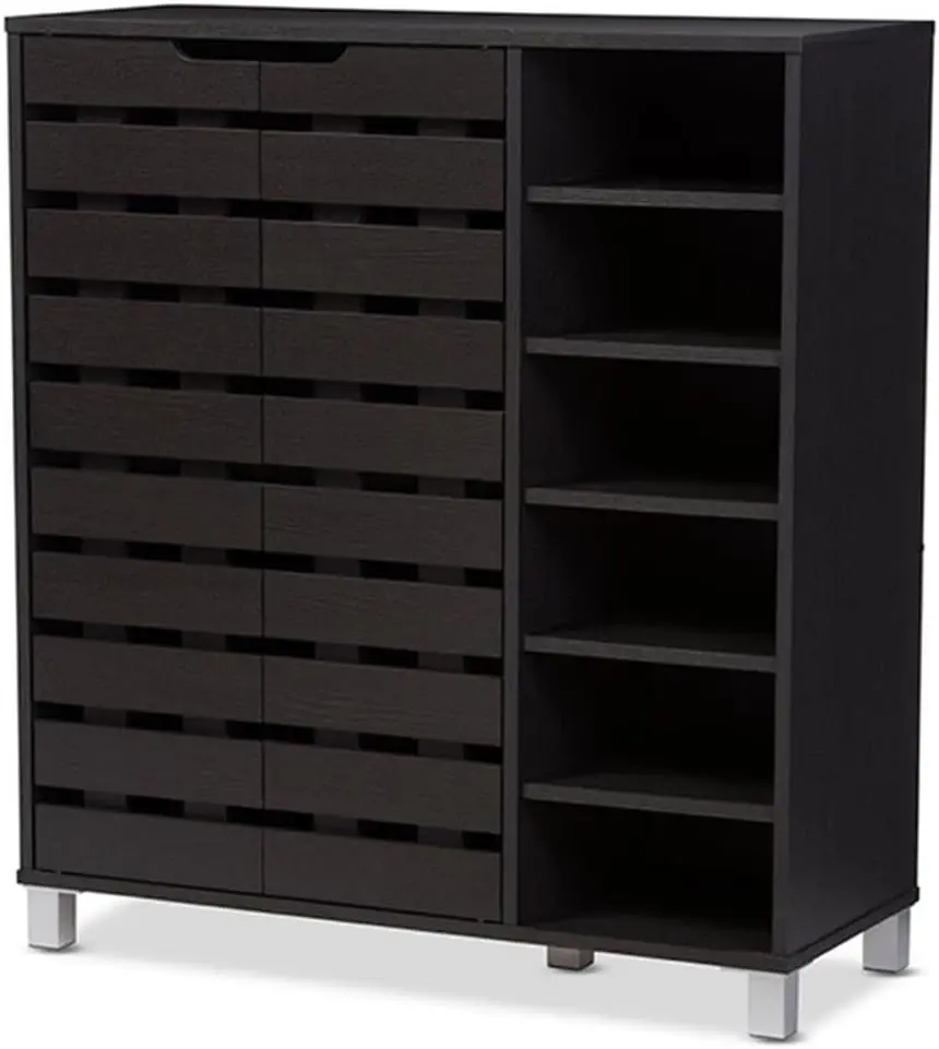 

Contemporary Wood 2-Door Shoe Cabinet with Open Shelves, Dark Brown