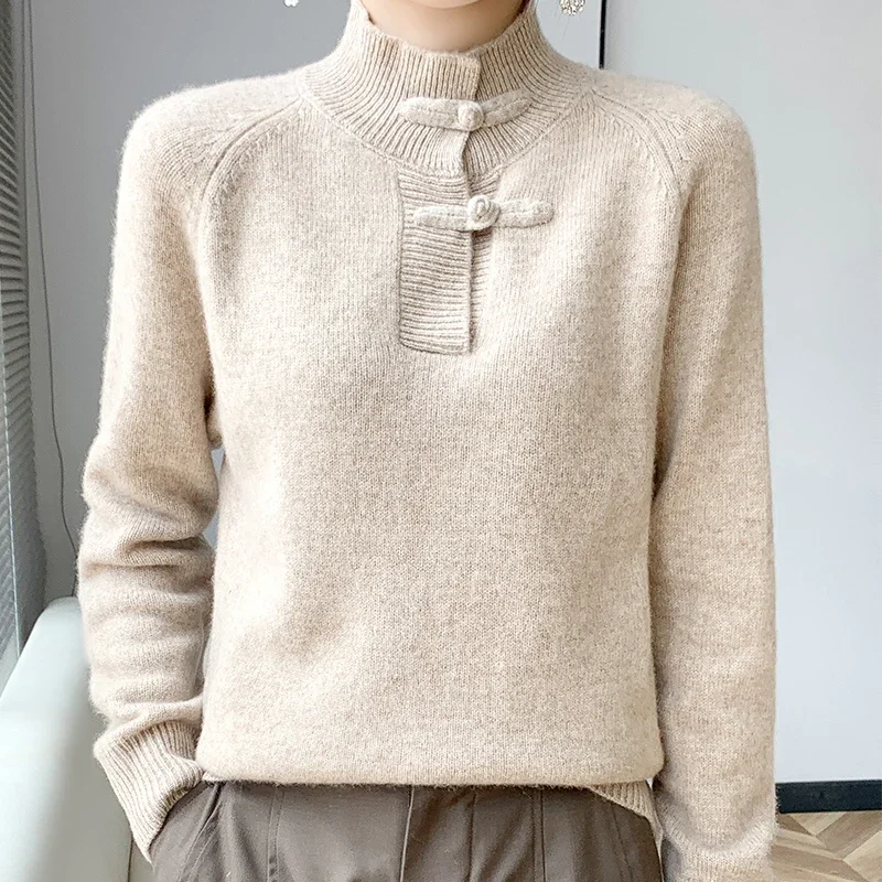 Women 100% Merino Wool Chinese Style Buckle Sweater Half-high Collar Knitted Basic Pullover Autumn Winter Thickening Soft Top