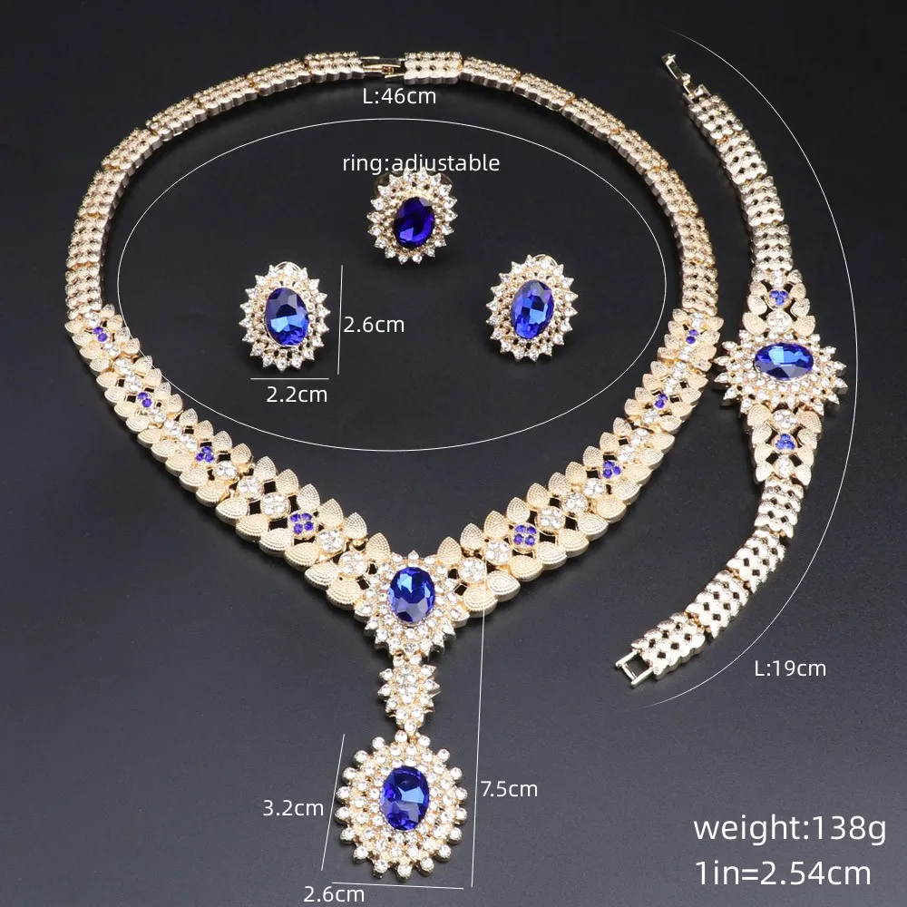 Women\'s Bridal Crystal Zircon Statement Necklace Earrings Bangle Ring Wedding Party Dinner Dress Costume Jewelry Set