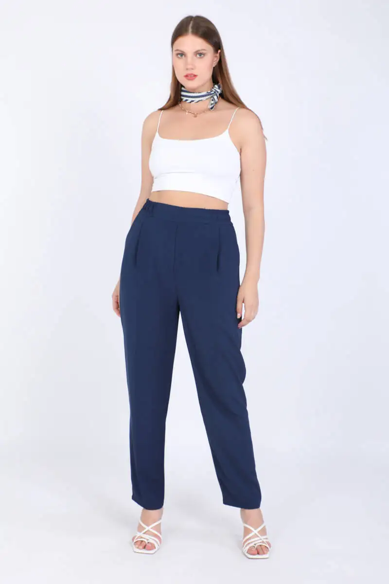 Women's Waist Elasticized Fabric Pants Navy Blue