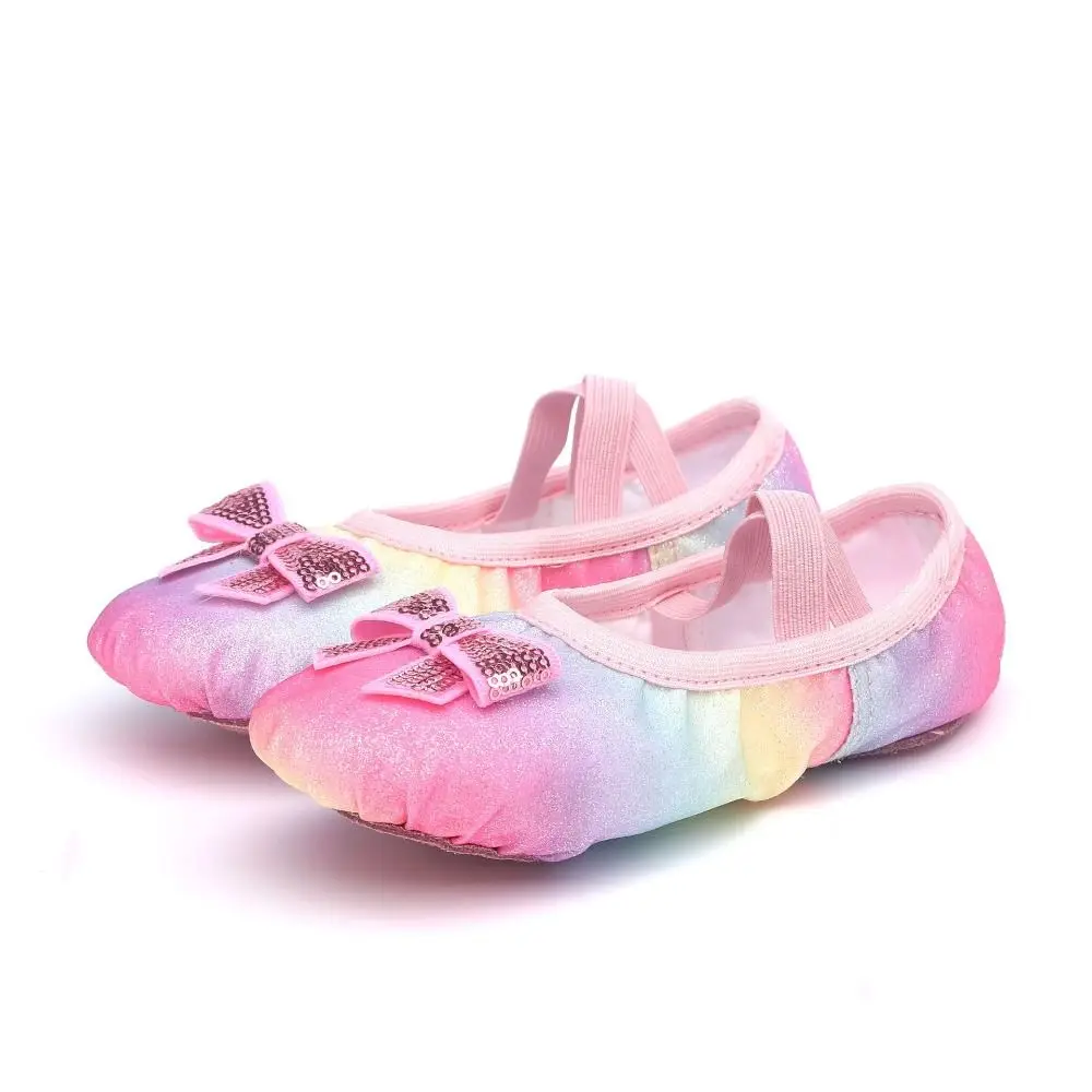 1pair Beautiful Leather Girls' Dancing Shoes Bow Knot Rainbow Embroidered Lace Bow Shoes Star Lovely Split-Sole Flats Girls