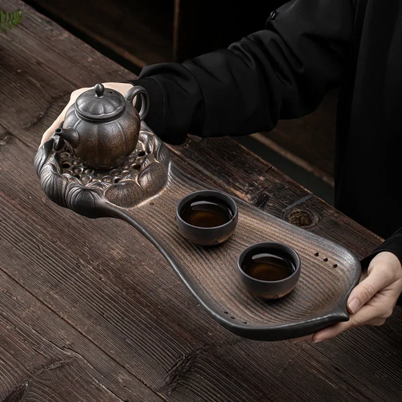 Japanese Heart Lotus Heart Dry Pour Tea Tray Ceramic Kung Fu Household Vintage Water Storage Water Storage Type Tea Table