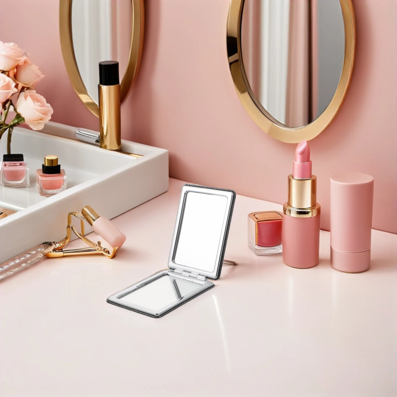 4 stuks opvouwbare zwarte PU glitterspiegel dubbelzijdig standaard vergrote reflectie lichtgewicht compact ontwerp voor reishandtas