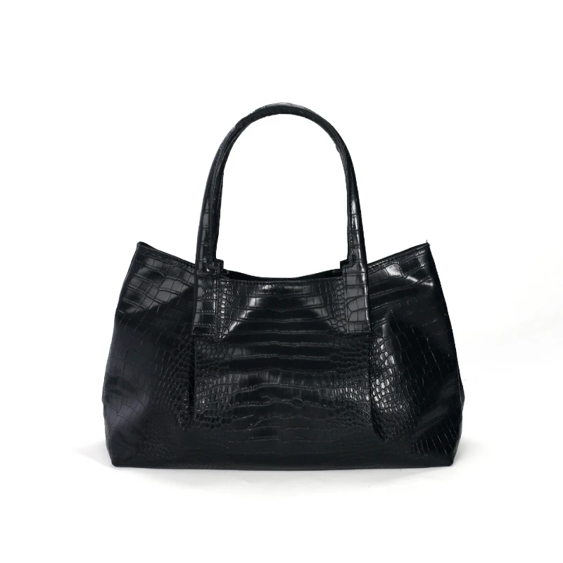 Krokodil-Textur Weiche PU-Tragetasche, Schwarze Minimalistische Damenhandtasche, Magnetverschluss, Einfarbige Vielseitige Schultertasche – Detail 2