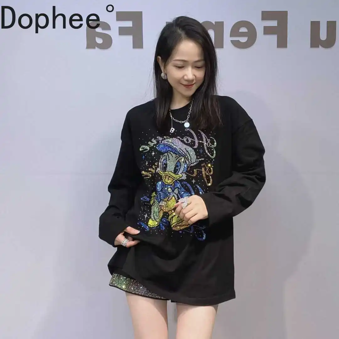

2025 New Autumn Long Sleeve Women Bottoming Shirt Cartoon Hot Drilling Oversize Pullover Top O-neck Mid-long Female Cotton Tees