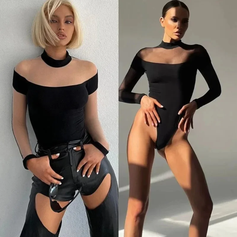 

Sexy Mesh Patchwork See Through Tight Fitting Clothing Y2K Slim Fit High Elasticity Jumpsuit Trendy Party Club Women's Jumpsuit