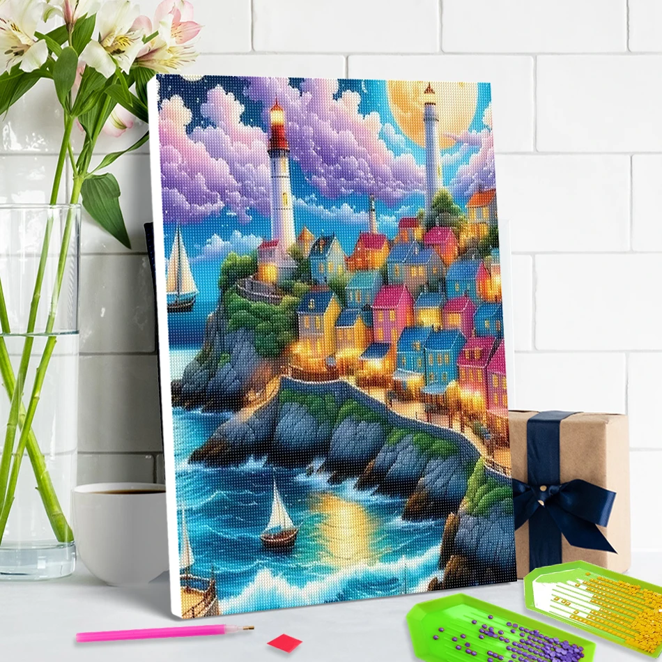 

SDOYUNO 5D Diamond Painting Lighthouse Seaside City 20X30cm ready frame Full Square/Round Drill For Beginner Diy Decoration Home