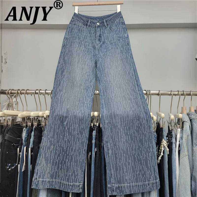 

ANJY Autumn New Women Chic Y2K Jeans Heavy Craft Studded Diamonds Straight Slimming Elegant Trendy High Street Denim Pants A9148