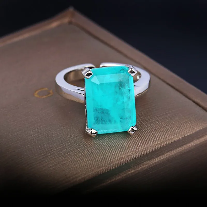 New high-end custom princess 10 carat Square emerald Paraiba ring 10*14 synthetic Paraiba simple women's ring party gift