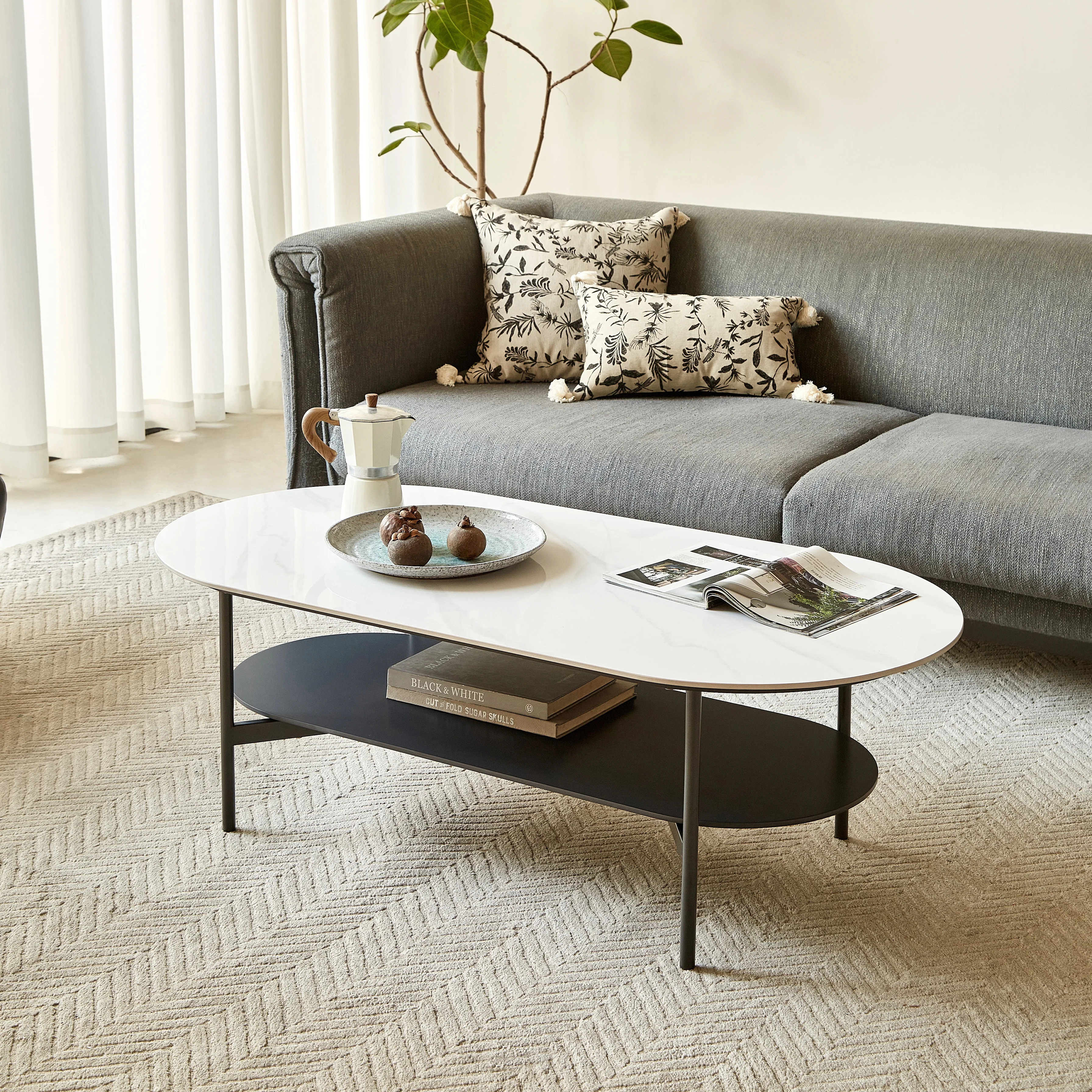 

Белый керамический журнальный столик с кофейным коричневым каркасом из МДФ - двухъярусная окрашенная, для гостиной