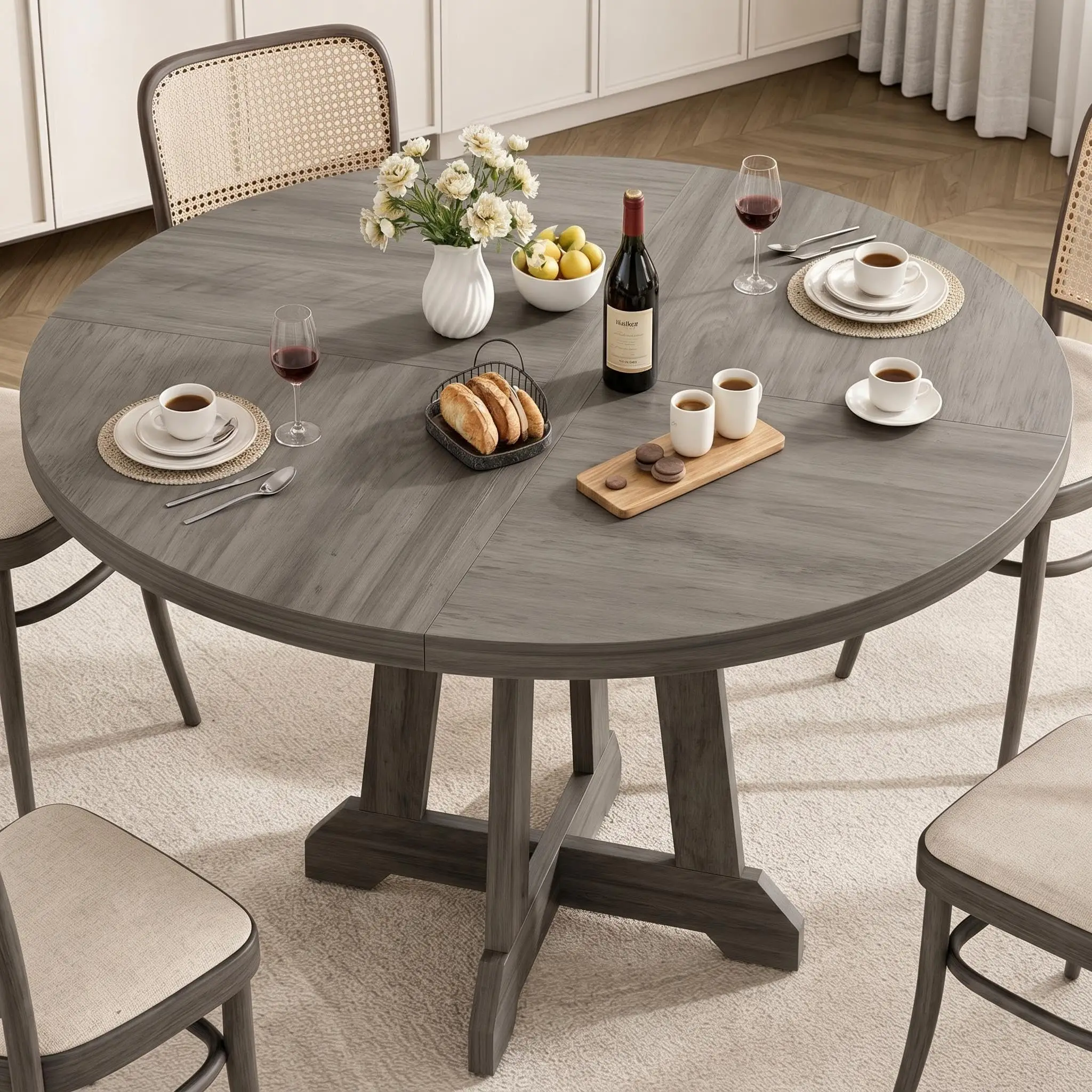 

Grey 47 Inch Extendable Round Dining Table With Solid Wood Base For Kitchen Or Living Room Use
